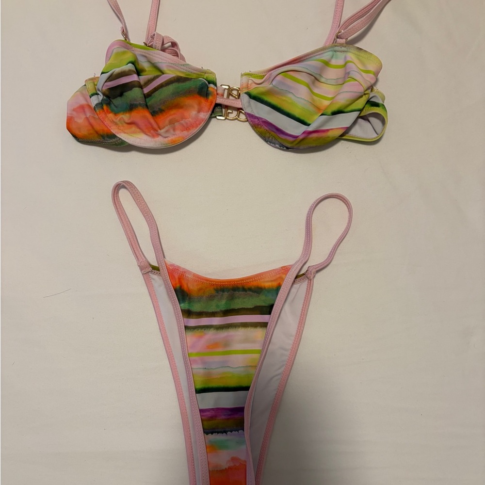 Missguided + Pink Multi-Color Striped Bikini Set